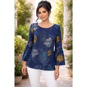 Cocomo Women's Navy Floral Bell Sleeve Blue & Gold Botanical Print Blouse, XL